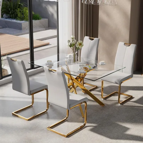 Miniatura 10 de Juego de mesa de comedor de 5 piezas para 4, mesa rectangular moderna de cristal con 4 sillas tapizadas de cuero, juegos de mesa y sillas de comedor