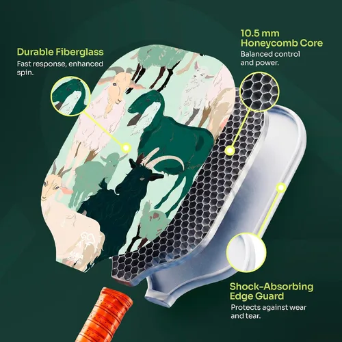 Miniatura 3 de Juego de 2 palas de pickleball Goat, incluye 4 bolas para interiores y exteriores y bolsa de viaje, juego de raquetas de pickleball de fibra de Verde