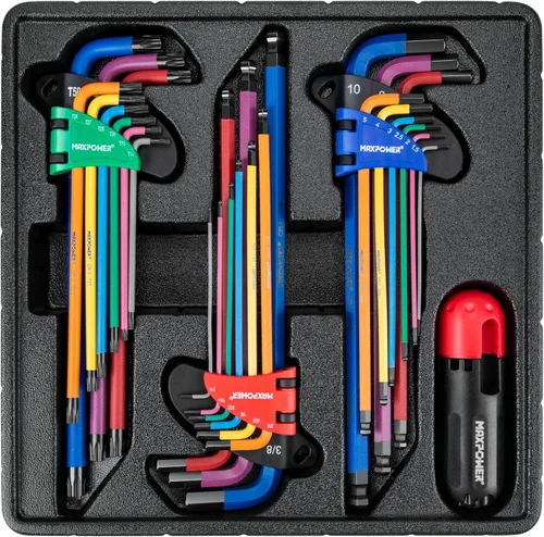 MAXPOWER - Juegos de llaves Allen, juego de llaves Allen de 27 piezas incluye SAE (1/6-3/8"), métrico (1.5-10mm), Torx (T10-T50), juego de llaves