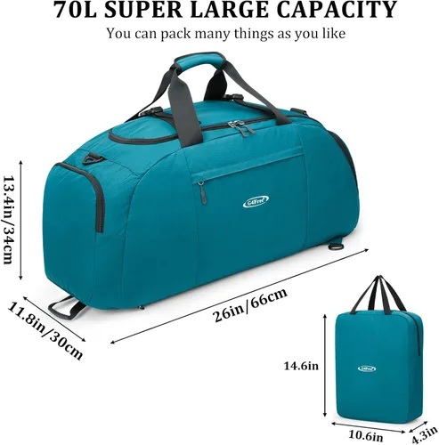 Miniatura 4 de G4Free Mochila de lona grande de 3 vías de 70L Bolsa de lona deportiva para gimnasio y compartimento para zapatos, Verde, Compacto