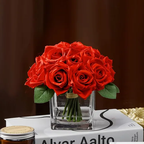 Miniatura 6 de 18 cabezas de rosas artificiales en jarrón, arreglo floral de rosas falsas en jarrón con agua falsa para mesa de comedor, boda, decoración del hogar