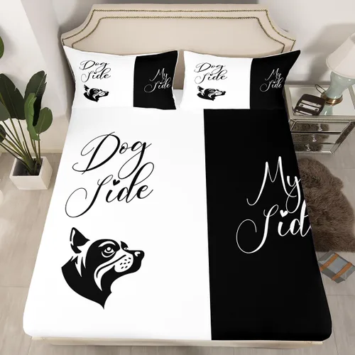 Miniatura 4 de Dog Side My Side - Juego de sábanas de tamaño Queen, color negro y blanco, sábana bajera ajustable para mujeres y hombres, sábanas románticas