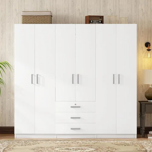 Armario grande de 6 puertas, armario de madera de 70.9 pulgadas de ancho con cajones grandes, armario de dormitorio, vestidor, armario organizador