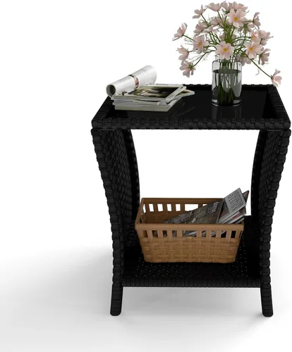 Miniatura 9 de kinbor Mesa pequeña para exteriores – Mesa auxiliar de mimbre para exteriores con estante de almacenamiento para patio, balcón y porche, ratán
