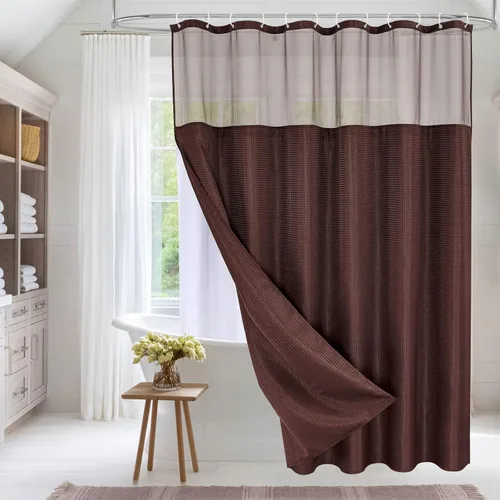 Miniatura 8 de MitoVilla Cortina de ducha pequeña beige de 36 x 72 pulgadas, juego de cortina de ducha de tela de punto gofre de tamaño medio estrecho con forro