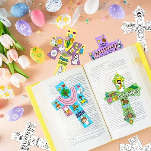 Miniatura 6 de CY2SIDE 80 piezas de adornos de cruz para colorear tu propia cruz religiosa He is R Cross Haz tu propia resurrección de Jesús, cruz mágica de papel