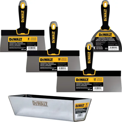 DEWALT Juego de Espátulas para Encintado de Acero Inoxidable y Bandeja para Masilla | Espátulas para Encintado de 8, 10, 12 Pulgadas, Bandeja para