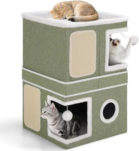 Miniatura 12 de Casa de Gato de 2 Pisos para Gatos de Interior, Separable en 2 Grandes Camas de Gato Cueva con Condominios Escondidos, Almohadillas para Rascar