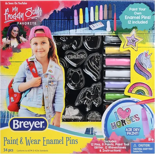 Breyer Horses Paint and Wear Juego de manualidades de alfileres esmaltados, pines, pinturas, purpurina y diamantes de imitación, incluye 12