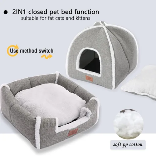 Miniatura 3 de Camas para gatos de interior, cama de gato, tienda de campaña para gatitos y mascotas pequeñas con cojín lavable, suave y cálida, color gris, 15