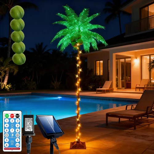 Miniatura 9 de Ledido Palmera Iluminada de 7 Pies que Cambia de Color con 5 Cocos, 218LED Árboles de Palmera Artificiales Iluminados para Exteriores con Control