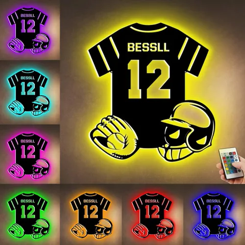 Miniatura 17 de Letrero de metal de jersey deportivo personalizado con luz LED, nombre y número personalizado, letrero de neón con nombre personalizado, decoración