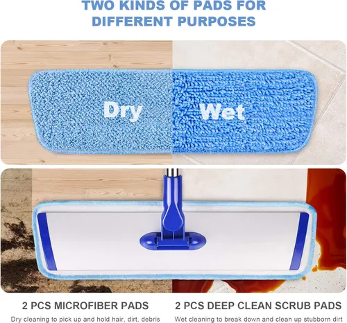 Miniatura 2 de Sistema de limpieza profesional de piso de microfibra de 18 pulgadas, trapeador plano con mango de acero inoxidable, 4 almohadillas lavables Azul