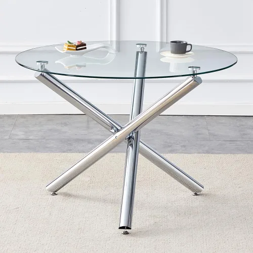 Miniatura 13 de Mesa redonda de comedor de vidrio para 2 a 4, moderna mesa superior de vidrio templado, patas cromadas resistentes, almohadillas ajustables, mesa