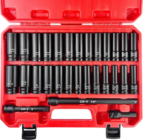 Miniatura 8 de EACELIY Juego de 33 piezas de 1/2 pulgada de vasos de impacto (8-22mm), juego de vasos métricos, acero Cr-V, vasos profundos y poco profundos de 6