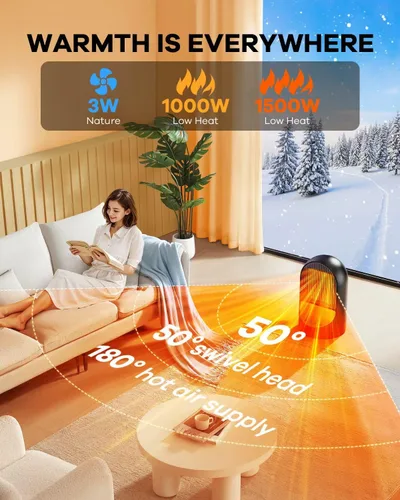 Miniatura 3 de Calentador de espacio, calentadores eléctricos portátiles de 1500 W para uso en interiores, oscilación de 50°, temporizador de 8 horas, 3 modos