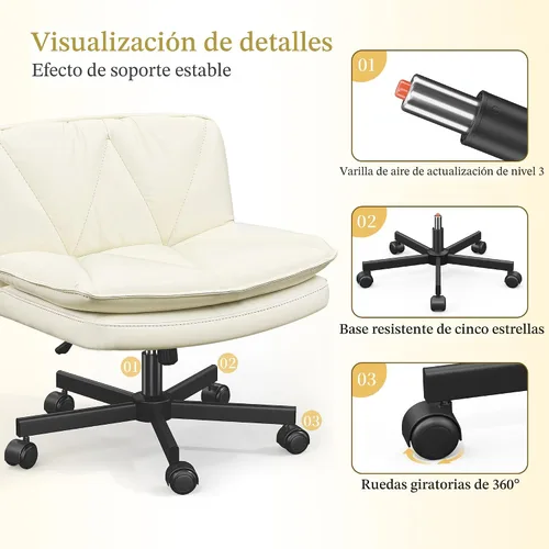 Miniatura 7 de DurayLoly Silla Criss Cross con Ruedas, Silla de Oficina con Patas Cruzadas con Cojín de 2 Capas, Asiento Ancho Cómodo, Cuero, Sin Brazos, Sillas
