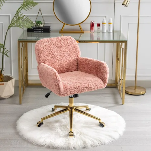 Miniatura 13 de HomVent Bonita silla de oficina peluda, moderna silla de piel sintética negra con ruedas y base dorada, silla giratoria ergonómica ajustable