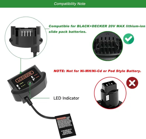 Miniatura 4 de Cargador de batería LCS1620B de 20 V, repuesto para cargador de batería de litio Black and Decker de 20 V, compatible con batería Black and Decker