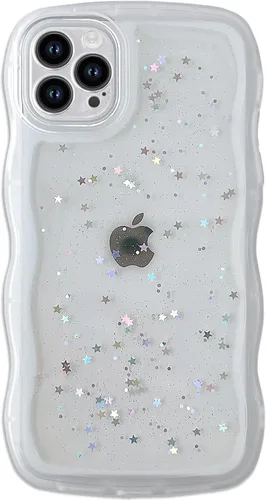 Miniatura 33 de Qokey Funda para iPhone 12 Pro Max de 6.7 pulgadas, diseño de onda rizada, borde transparente, brillante con purpurina, estrella brillante, bonita