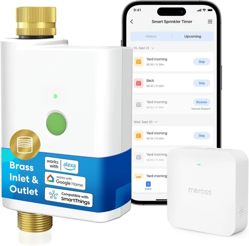 meross Temporizador de agua WiFi para manguera de jardín, temporizador de manguera inteligente con entrada y salida de latón, válvula de rociador