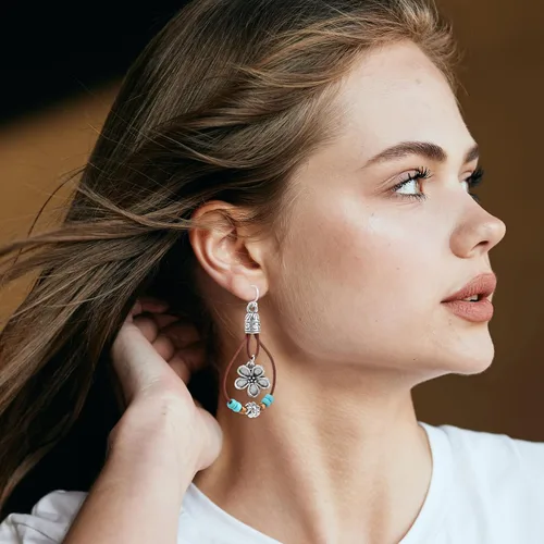 Miniatura 7 de Boho Flower Earrings,Bohemian Western Leather Dangle Drop Earrings with Nature Stones Vintage Handmade Country Concert Outfits Accessories for Women