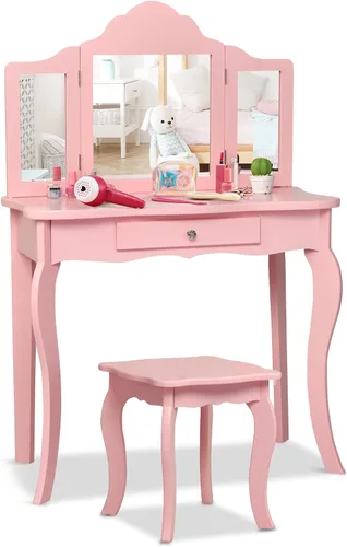 Miniatura 13 de HONEY JOY Juego de tocador para niños con espejo, mesa de tocador de madera 2 en 1 con taburete, espejo plegable y cajón, parte superior extraíble