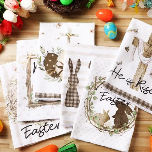 Miniatura 5 de SmoothNovelty 6 toallas de cocina de Pascua Religious Bunny He is Risen, 21 x 14 pulgadas, toallas de mano rústicas de primavera para el hogar