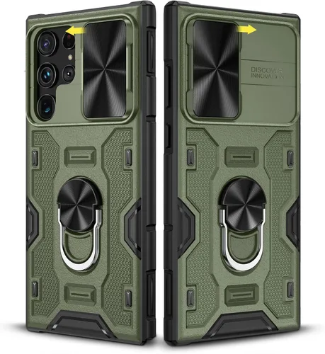Caka Funda para Samsung Galaxy S22 Ultra con cubierta deslizante para cámara y soporte, soporte de anillo giratorio de 360 grados integrado, funda