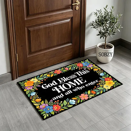Miniatura 2 de Felpudo con texto en inglés «Bless This Home and All Who Intre», diseño floral de bienvenida, decoración de baño