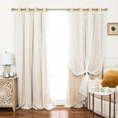 Best Home Fashion Par de cortinas opacas con revestimiento de tul y corte láser, paneles de ventana con ojales plateados para dormitorio, habitación