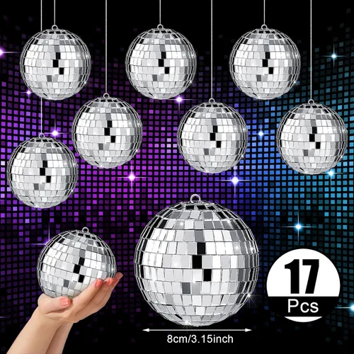 Miniatura 6 de 17 Piezas de Decoración de Bola de Discoteca: Bolas de Discoteca Colgantes de Espejo de Tamaño Variado Mini y Grande - Adornos de Navidad Plateados