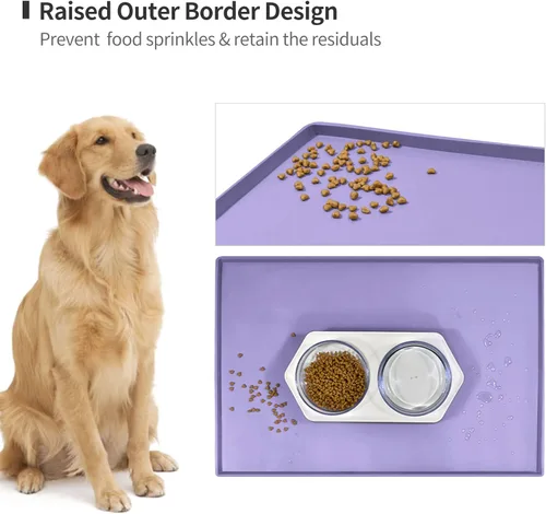 Miniatura 3 de Tapete de comida para perros, bandeja de comida impermeable de silicona, mantel individual antideslizante para mascotas, borde elevado de 0.6 Lila