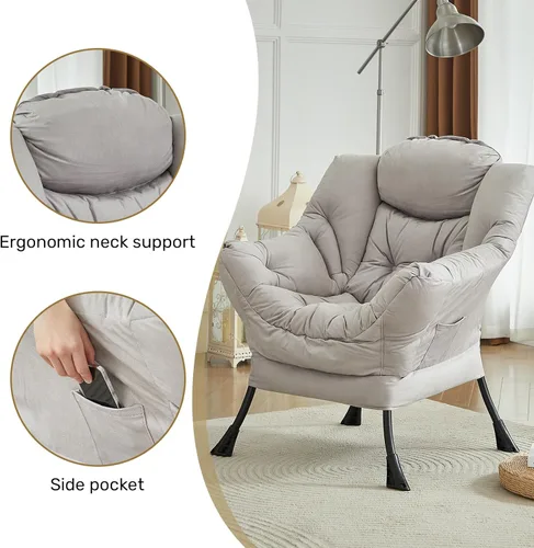 Miniatura 4 de HollyHOME - Silla perezosa con reposabrazos y bolsillo lateral, cómoda silla de sala de acento, sillón de sofá de ocio para sala de estar, recámara