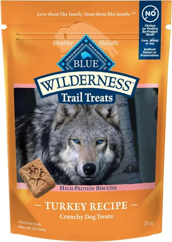 Blue Buffalo Wilderness Trail Treats - Galletas crujientes para perros, sin granos, con alto contenido de proteínas, receta de pavo, bolsa de 24