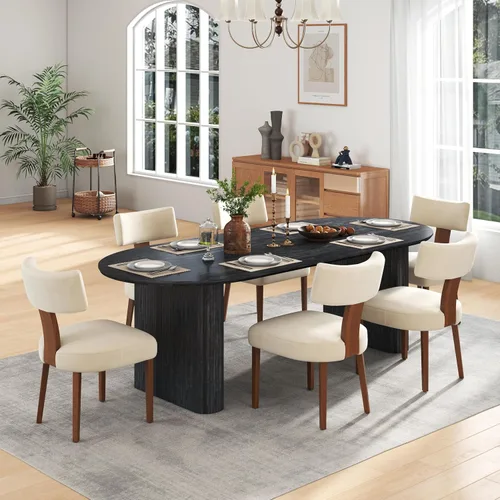 Miniatura 24 de Juego de mesa de comedor ovalada extensible de 59 a 90 pulgadas con 4 sillas de comedor con respaldo en T para 4 personas, moderna mesa de comedor
