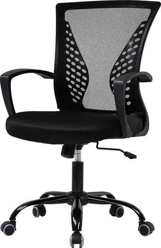 HHS Silla de oficina ergonómica de malla, silla de computadora con soporte lumbar, reposabrazos de respaldo medio, giratoria, ajustable, para Negro