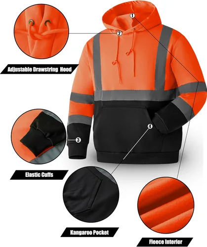 Miniatura 5 de Ubon Hi Vis - Sudaderas con capucha para hombre, alta visibilidad, reflectantes, de seguridad, ropa de trabajo, trabajo, parte inferior negra