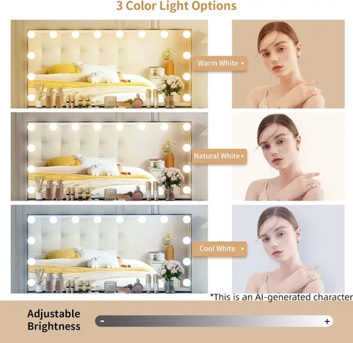 Miniatura 4 de VOWNER Tocador con espejo iluminado - Escritorio de maquillaje con luces y 11 cajones, 3 modos de iluminación de color con brillo ajustable