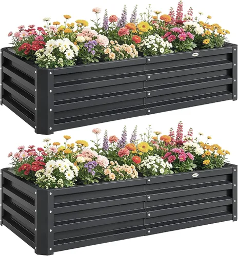 Miniatura 14 de Outsunny Cama de Jardín Elevada con 3 Jardineras, Soporte de Plantas de Madera con Orificios de Drenaje, para Verduras, Hierbas y Flores, Gris