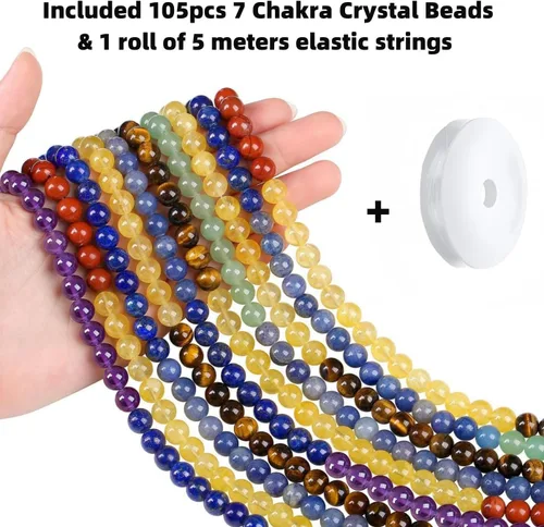 Miniatura 2 de QINJIEJIE 105 piezas de cuentas de piedra de 7 chakras de 8 mm, cuentas naturales redondas sueltas de gemas para pulseras, cuentas de cristal