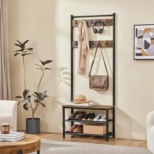 Miniatura 4 de Yaheetech - Perchero, 3 en 1, árbol de pasillo con banco y almacenamiento para zapatos, banco independiente para entrada con perchero, Marrón rústico