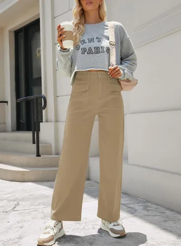 Miniatura 3 de Dokotoo Pantalones cargo para mujer, holgados, de pierna ancha, cintura alta, pantalones casuales de jean elásticos
