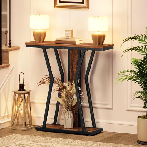 Miniatura 2 de HOOBRO BF66XG01 - Mesa consola estrecha de 29.5 pulgadas con almacenamiento, mesa de sofá de 2 niveles detrás del sofá, estilo moderno, para sala