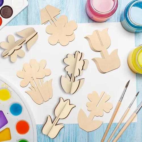 Miniatura 7 de COCHIE Manualidades de madera de primavera de flores 3D para pintar, rebanadas de madera sin terminar pintables para manualidades, recortes