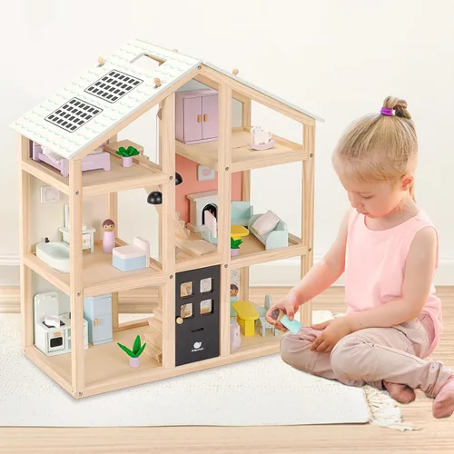 Miniatura 6 de Pillowhale Casa de muñecas de madera, casa de muñecas de 6 habitaciones con juego de muebles de 38 piezas, casa de juegos moderna de bricolaje, casa