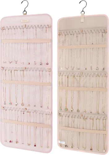 Miniatura 14 de Organizador de joyas colgante BAGSMART con rollo de almacenamiento y ganchos metálicos, soporte doble para aretes, collares, anillos en el armario