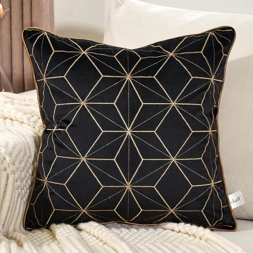 Funda de cojín Aeckself, terciopelo geométrico negro, 18 x 18 pulgadas, bordado de cuadros dorados, funda de cojín cuadrada moderna y decorativa