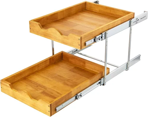 DINDON Organizador de cajones extraíble de 2 niveles (20 pulgadas de ancho x 18 pulgadas de profundidad) Cajón deslizante de madera de doble nivel