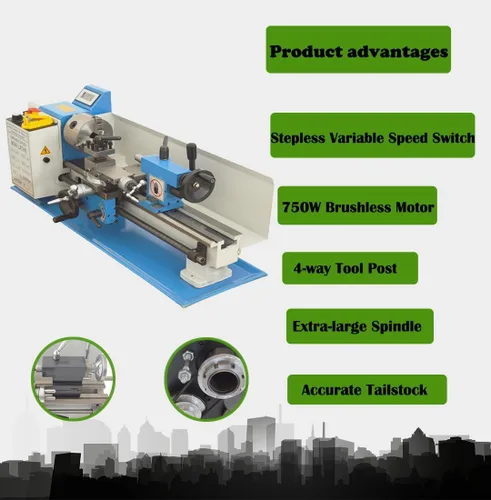 Miniatura 7 de Torno de metal de sobremesa de 7 "* 14", torno de metal de precisión de hilos métricos, mini torno 750W motor sin escobillas, velocidad variable